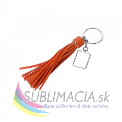 Kovová kľúčenka obdĺžnik s koženými strapcami – oranžová