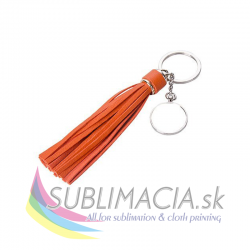 Kovová kľúčenka kruh s koženými strapcami – oranžová