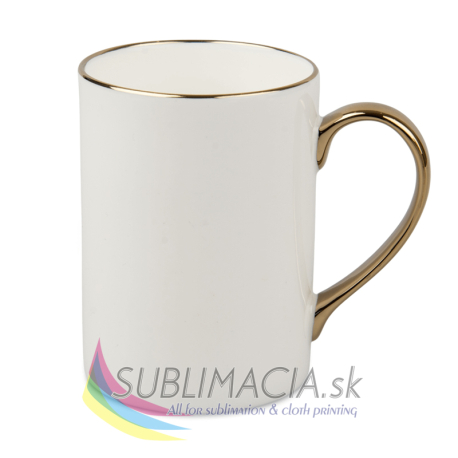 Biely hrnček porcelánový 330ml so zlatým lemom a uškom