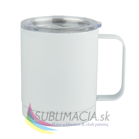 Biely oceľový hrnček 330ml s uškom a vekom